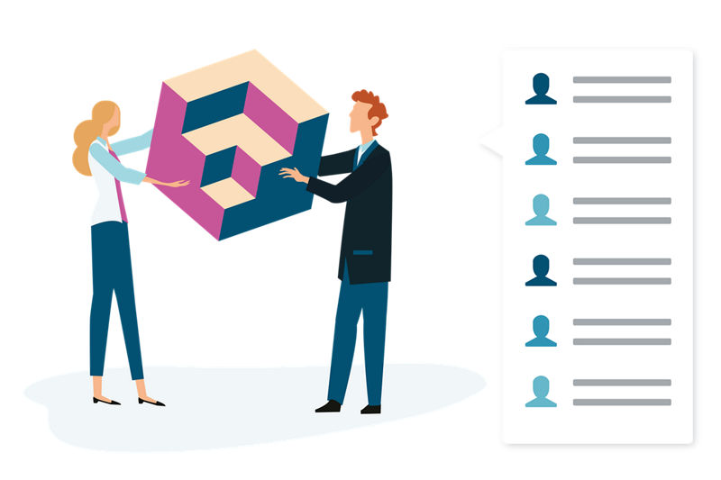 Illustration of people holding an isometric 3D block illustration depicting the D&B Consumer Intelligence data block
