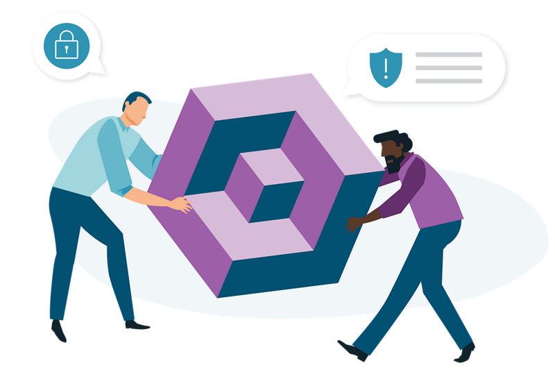 Illustration of people holding an isometric 3D block illustration depicting the D&B Fraud Risk Insights data block