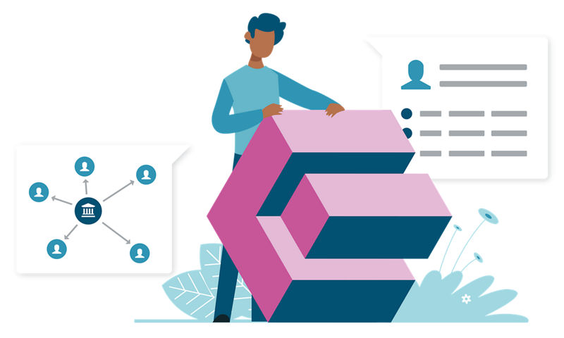 Illustration of person holding an isometric 3D block illustration depicting the D&B Network Intelligence data block