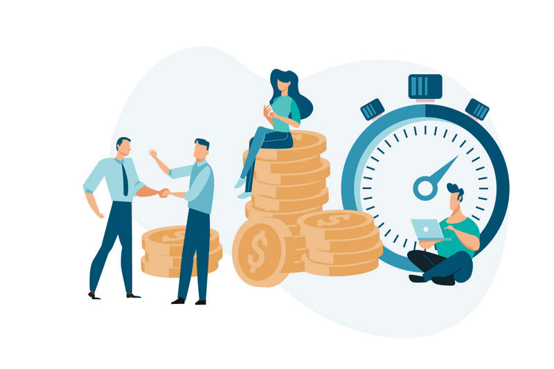 Illustration of 4 people among human-size stack of coins and stopwatch.