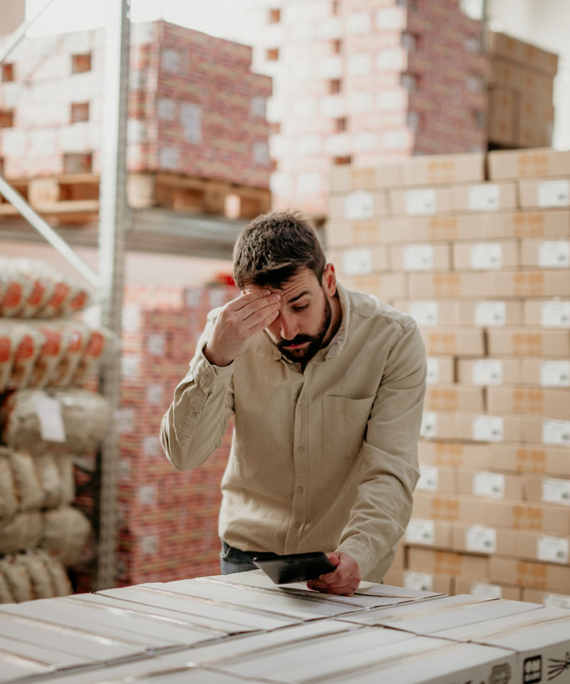 Man working in a warehouse, checking his list, and thinking.