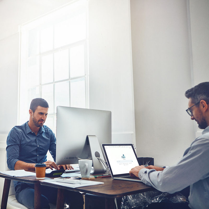 photo of business workers in an office, working on laptops