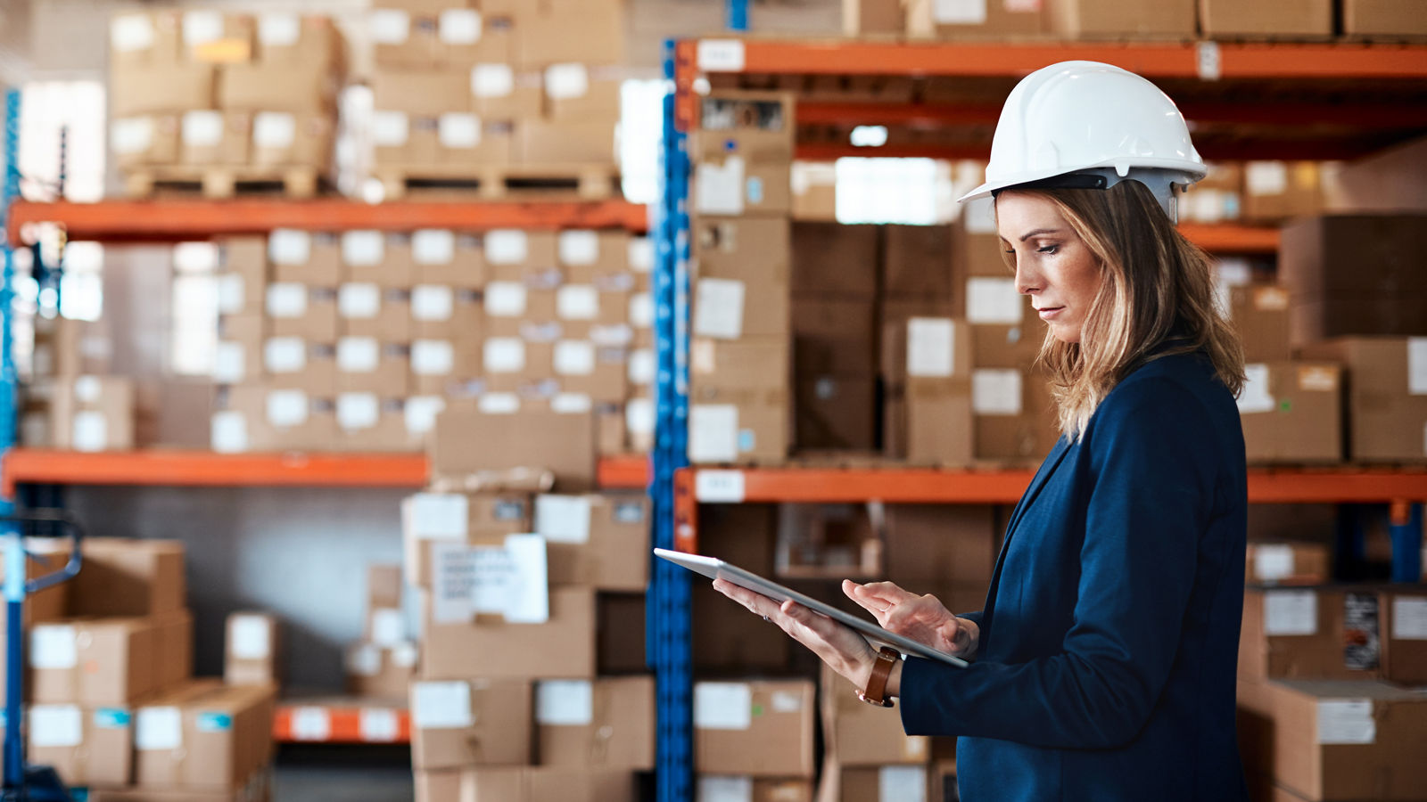 Business woman using a digital tablet while working in a warehouse