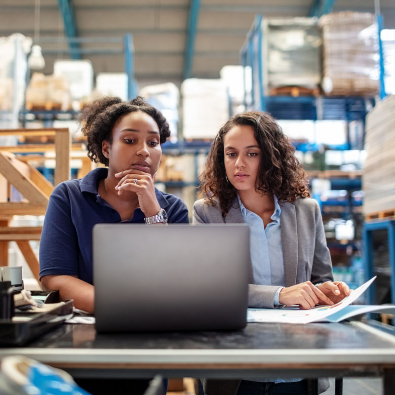 Female worker with supervisor working on laptop. Factory workers working together.