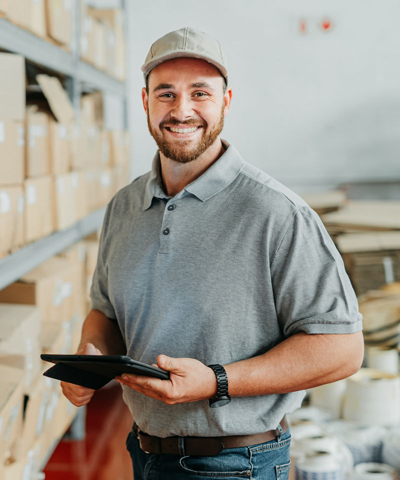 Ecommerce with a man working with a tablet in a distribution warehouse.