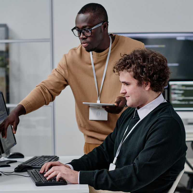 Two colleagues developing new code for computer program in team in modern office