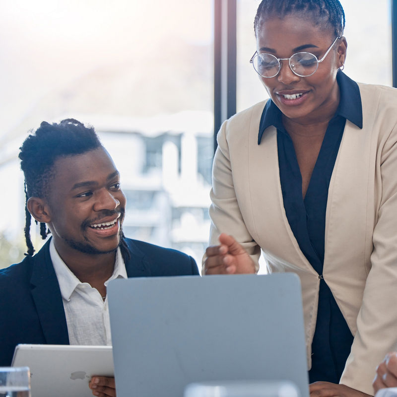Office laptop, diversity teamwork review laptop