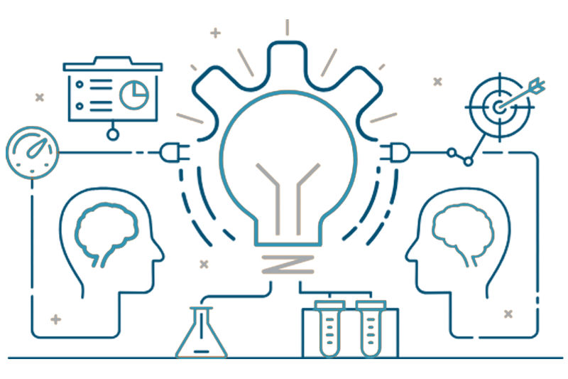 Graphic with a gear connected to human brains and vials 