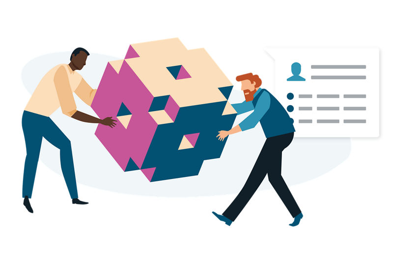 Illustration of people holding an isometric 3D block illustration depicting the D&B Buyer Intent data block