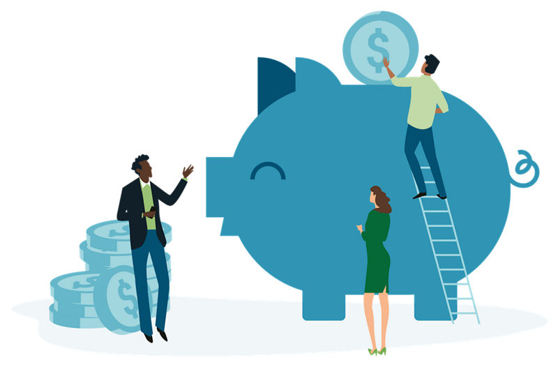 Illustration of people putting money in a bank