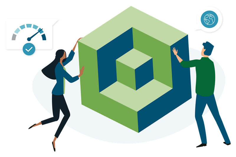Illustration of people holding an isometric 3D block illustration depicting the D&B ESG Intelligence data block