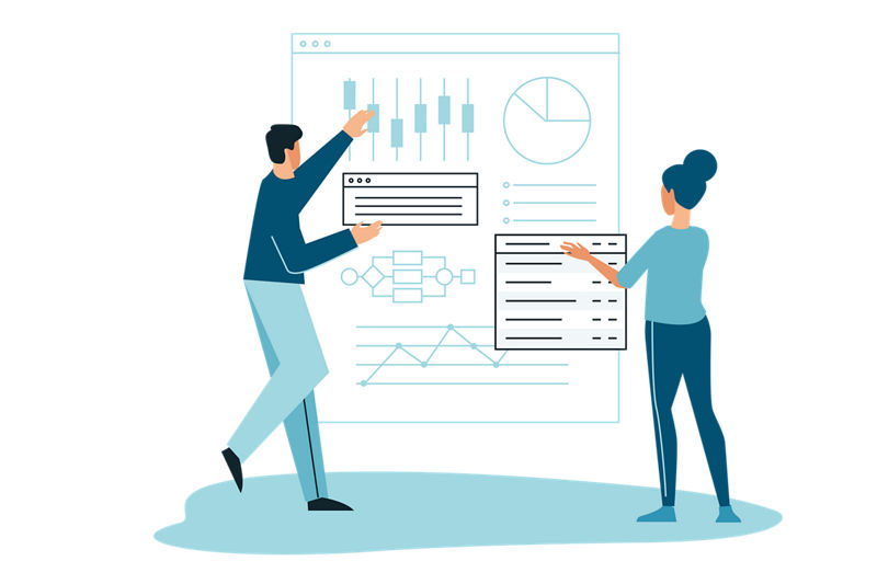 Illustration of people comparing account data