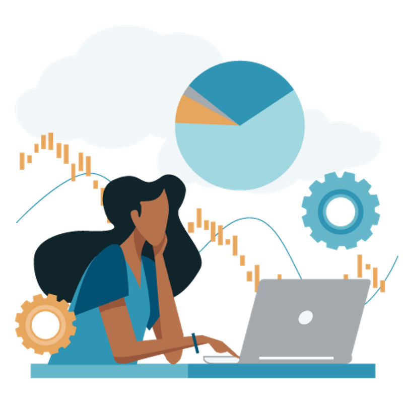Illustration of woman on laptop under rain cloud and data visuals