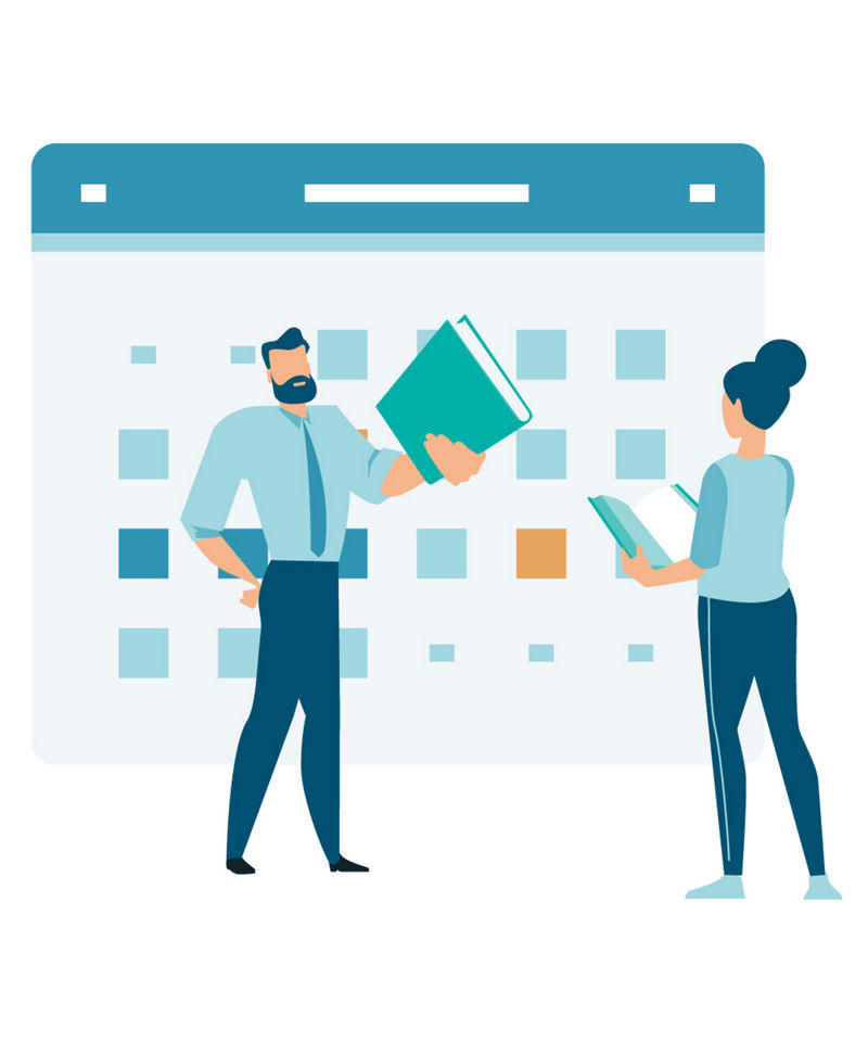 Illustration of two people reviewing records next to a calendar