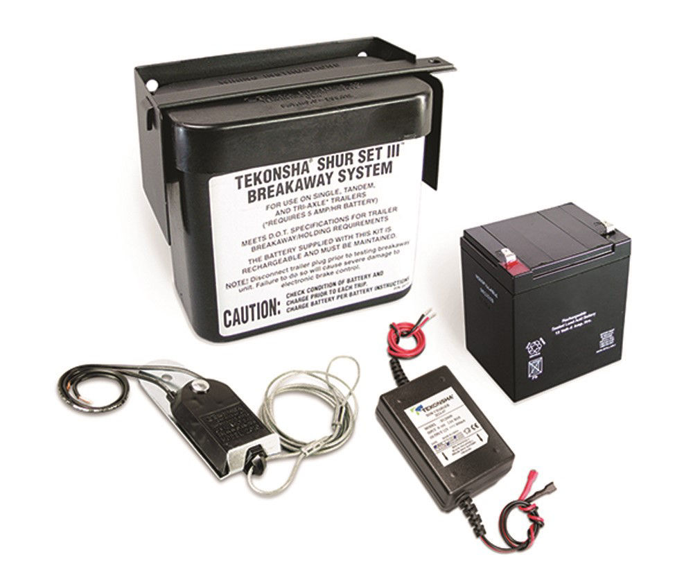 Tekonsha® Brake Breakaway Kit 12 Volts 5 Amps Prewired Lockable Box-Side Mounted With Bracket Mounted and Top Loaded - Kit Includes: Breakaway Kit with Charger, Battery, Switch, Pin and Lanyard