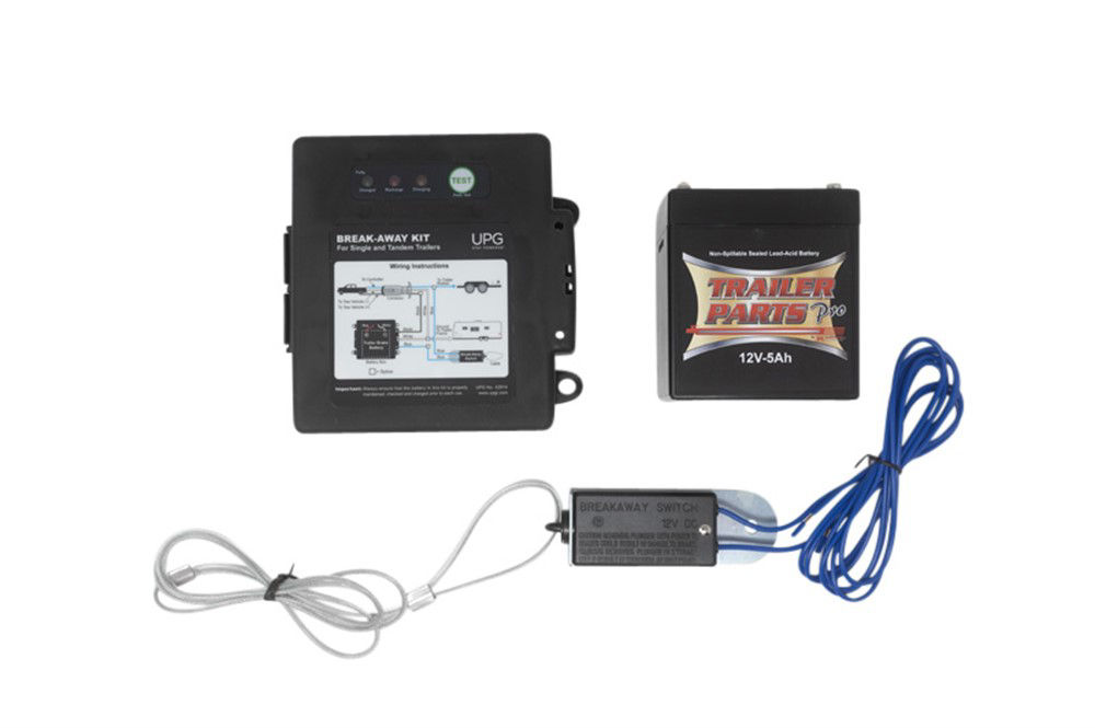 UPG® Brake Breakaway Kit 12 Volts 5 Amps -Side Mounted and Front Loaded with LED Push to Test Indicator Kit Includes: Breakaway Kit with Charger, Battery, Switch, Pin and Lanyard