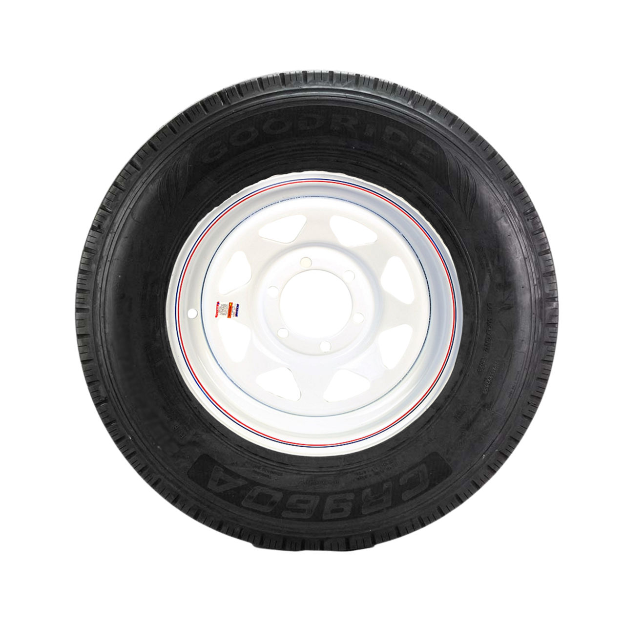 ST225/75R15E, GOODRIDE 15” X 6”, 6-5.5, SPOKE WHITE WITH PINSTRIPES