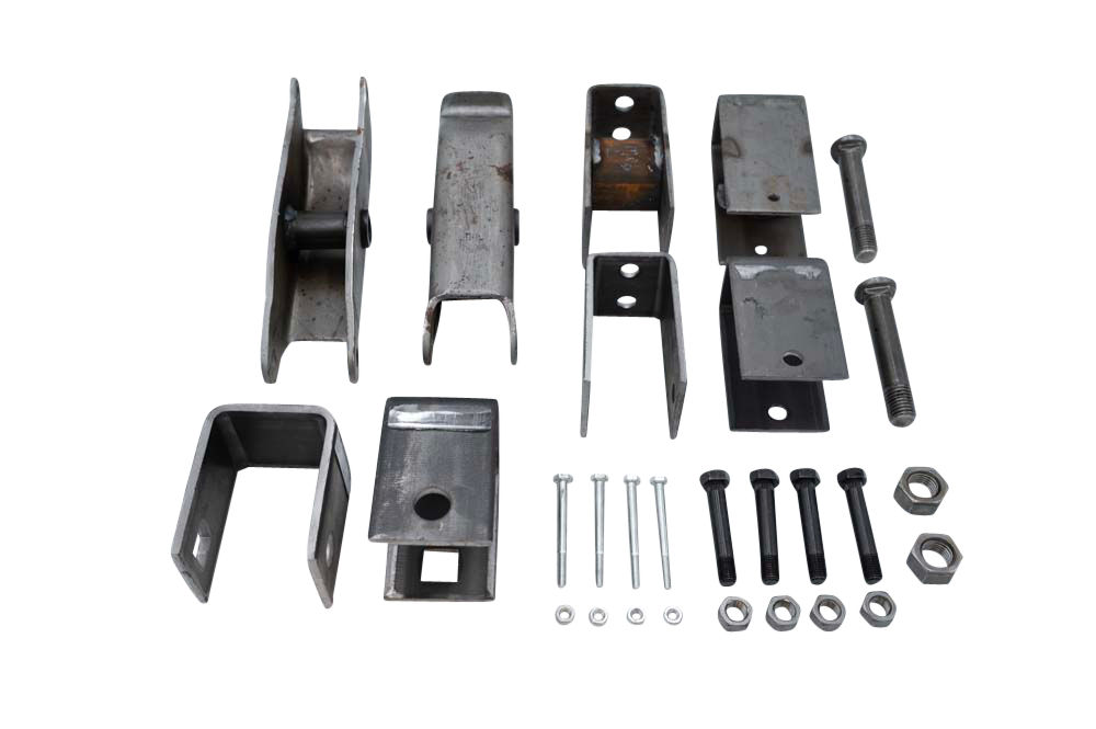 Combination Tandem Axle Hanger Kits less U-Bolts and Springs - 4 1/4" Front Hanger with 9/16" Bolt Hole, 3 1/2" Center Hanger with 7/8" Bolt Hole, & 5 3/8" Rear Hanger with 5/16" Bolt Hole - Bullnose Swan Shaped Equalizer 5/16" & 9/16" Bolts and Nuts - 7/8" Wet Bolt with Lock Nut