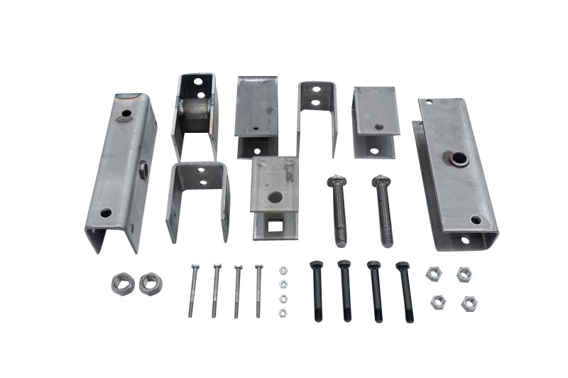 Combination Tandem Axle Hanger Kits less U-Bolts and Springs - 4 1/4" Front Hanger with 9/16" Bolt Hole, 3 1/2" Center Hanger with 7/8" Bolt Hole, & 5 3/8" Rear Hanger with 5/16" Bolt Hole - 13-4HD Equalizer 5/16" & 9/16" Bolts and Nuts - 7/8" Wet Bolt with Lock Nut