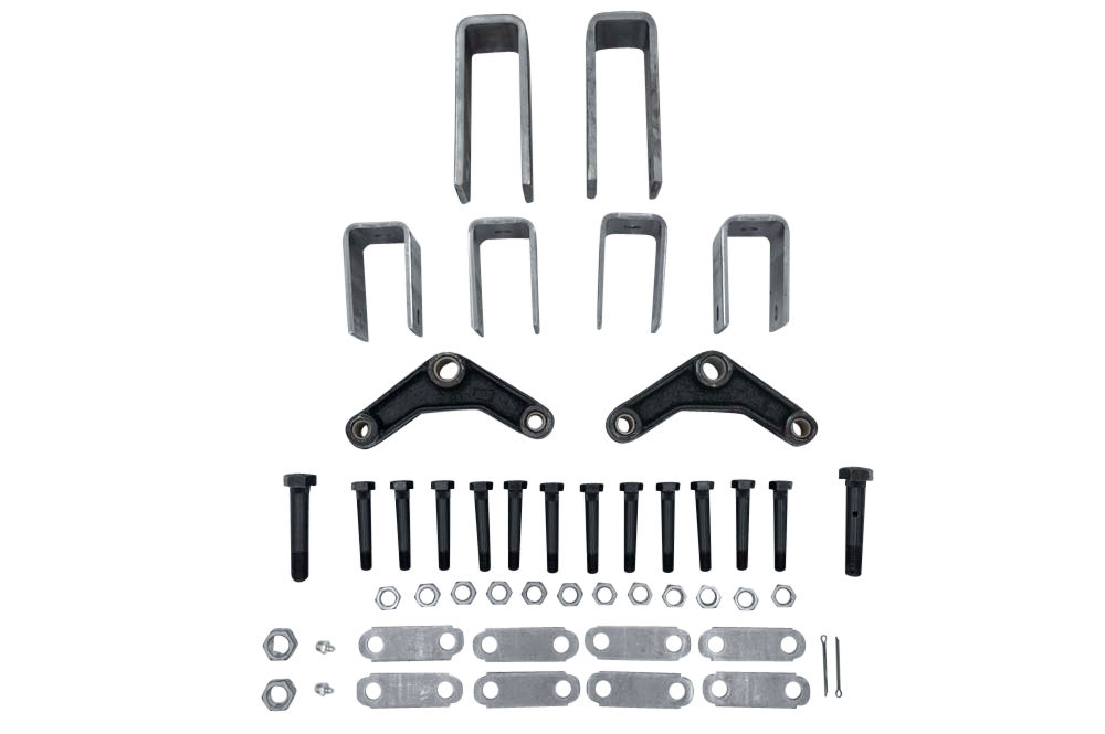 Tandem Axle Hanger Kits, 1 3/4" Double Eye Springs (2,000 - 7,000 LBS. Axles) - 2 1/2" Front and Rear Hangers - 5 7/16" Center Hanger 3/4" Bolt Hole Tall Curved Equalizer