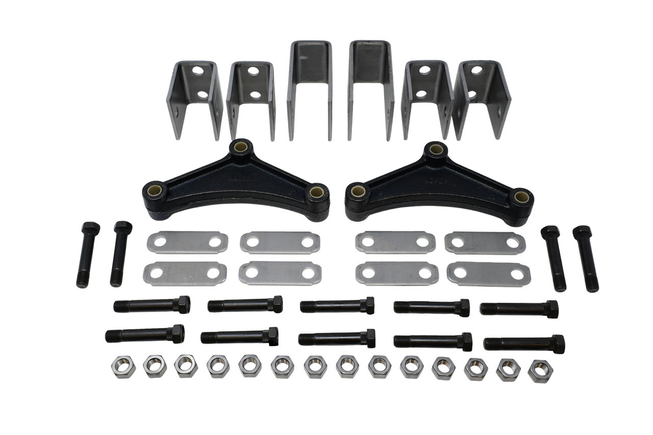 Tandem Axle Hanger Kits, 1 3/4" Double Eye Springs (2,000 - 7,000 LBS. Axles) - 2 1/2" Front and Rear Hangers - 4 1/4" Center Hanger 9/16" Bolt Hole Tall Curved Equalizer