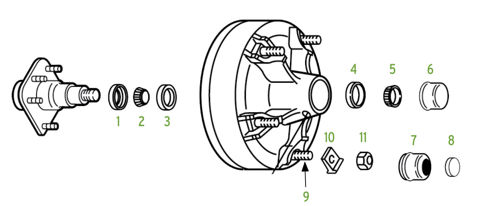 Exploded trailer hub and brake drum with bearings, seal, dust cap, spindle nut parts