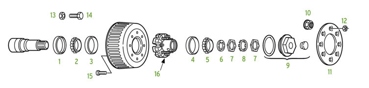 Exploded trailer brake drum and hub assembly with bearings, nut, seal, and mounting hardware