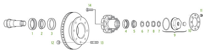 Exploded diagram of trailer hub and brake drum with bearings, nut, seal, and parts