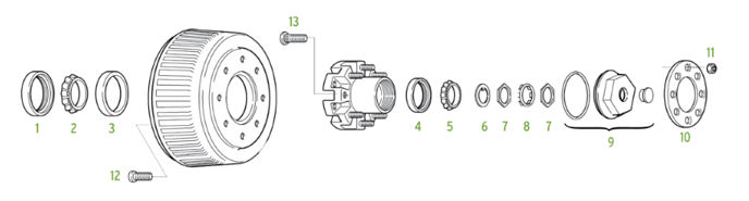 Exploded trailer brake drum and hub assembly diagram with bearings, seal, nut, and bolts