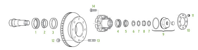 Exploded diagram of trailer hub with inner and outer bearings, seal, and grease cap components