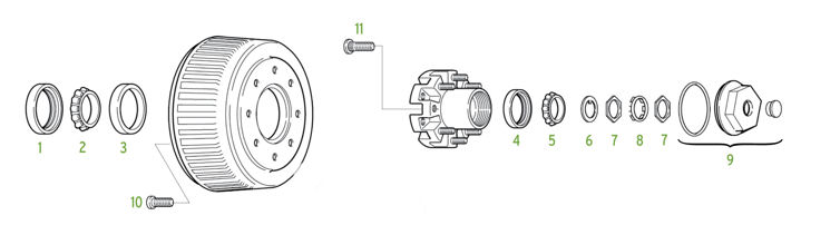 Exploded diagram of trailer hub and brake drum assembly with bearings, seal, and hardware