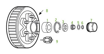 Exploded trailer hub and spindle assembly with snap ring, washer, bearings, dust cap, lug nut