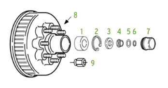 Exploded trailer hub assembly with spindle hardware, washers, snap ring, dust cap, lug nut