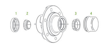 Exploded diagram of trailer hub with inner and outer bearings, seal, and grease cap components