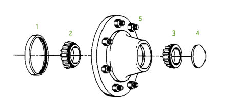 Exploded diagram of trailer hub assembly with bearings, seal, studs, and dust cap