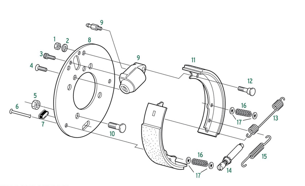 Exploded trailer brake assembly with backing plate, brake shoes, springs, adjuster, and hardware