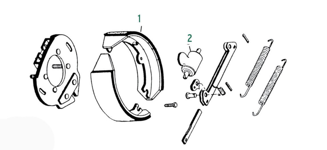 Exploded electric trailer brake assembly with shoes, magnet, springs, lever, backing plate parts