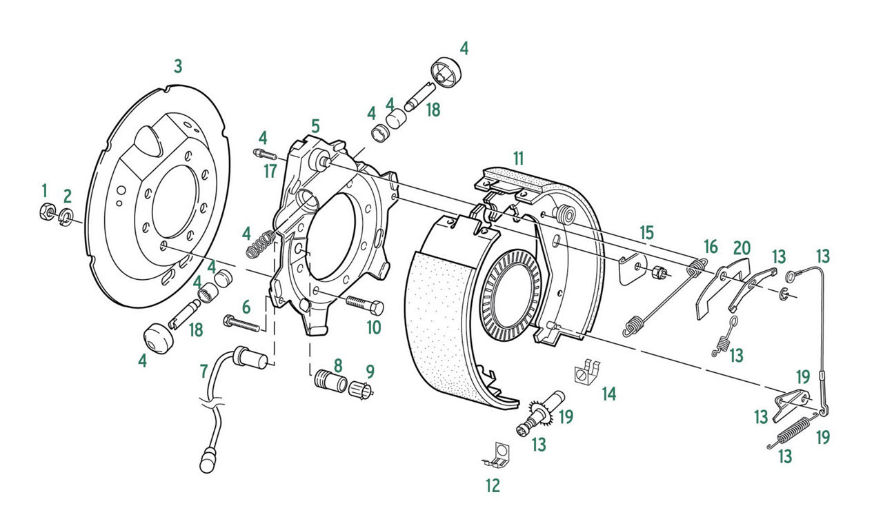 Exploded electric trailer brake assembly with backing plate, shoes, magnet, springs, adjuster