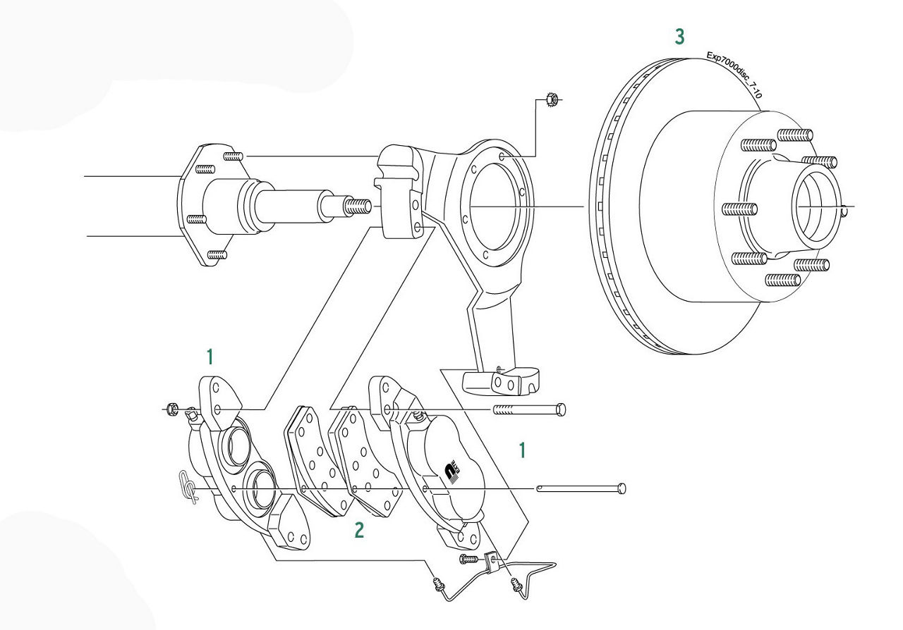 Exploded trailer disc brake kit with rotor, hub, caliper, pads, spindle, hardware components