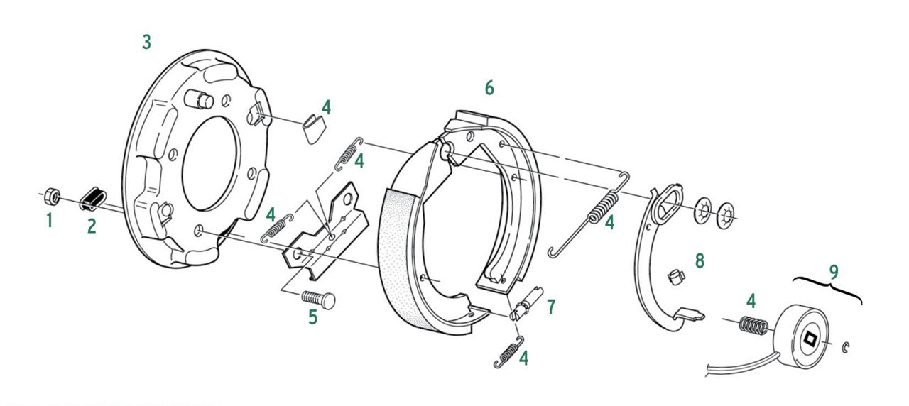Exploded electric trailer brake assembly with backing plate, shoes, magnet, springs, lever parts