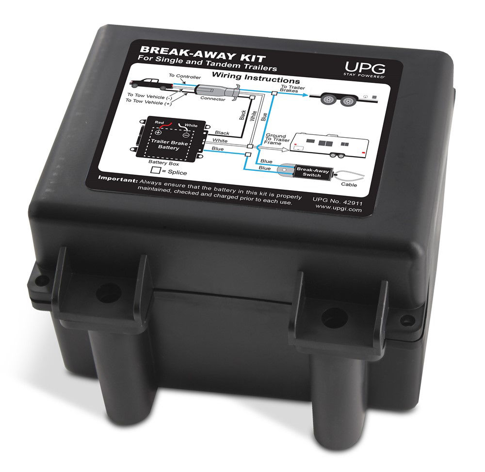 UPG® Brake Breakaway Kit 12 Volts Prewired-Bottom Mounted and Front Loaded with Kit Includes: Breakaway Kit with Charger, Switch, Pin and Lanyard