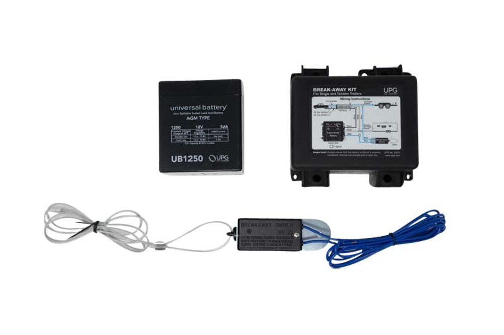 UPG® Brake Breakaway Kit 12 Volts 5 Amps -Bottom Mounted and Front Loaded - Kit Includes: Breakaway Kit with Battery, Switch, Pin and Lanyard