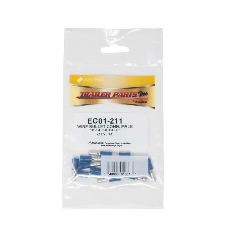 Vinyl Bullet Terminal Connector, Male, 16-14 Gauge Male, Blue, Pkg/14