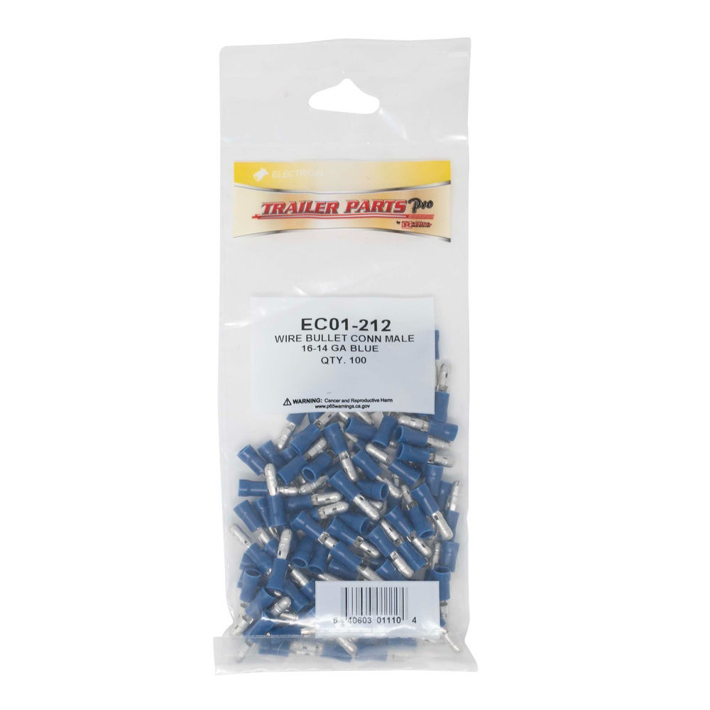 Vinyl Bullet Terminal Connector, Male, 16-14 Gauge Male, Blue, Pkg/100