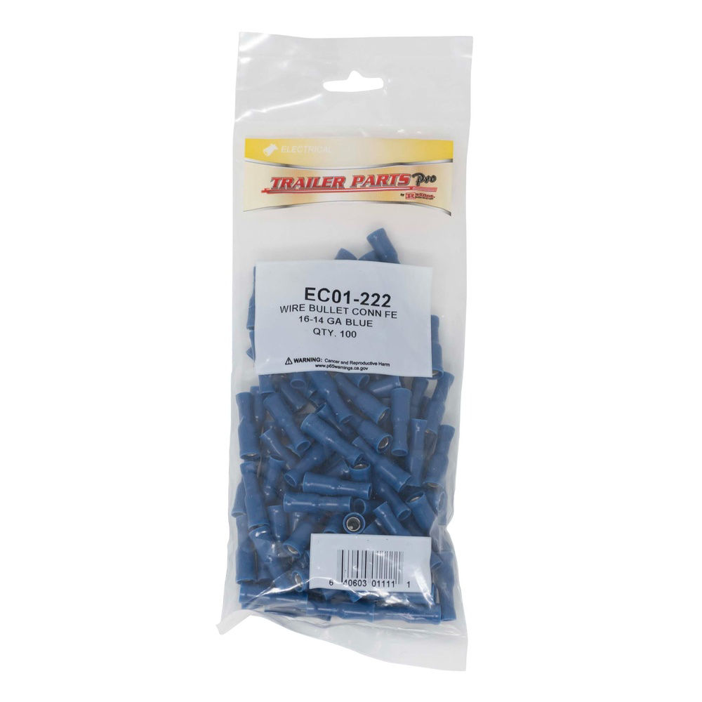 Vinyl Bullet Terminal Connector, Remale, 16-14 Gauge Male, Blue, Pkg/100