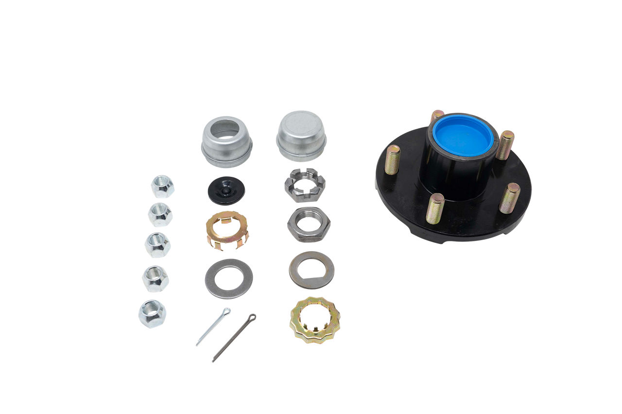 Complete Pre-Greased Idler Hub Assembly, BTR Spindle, Grease or Zerk-Lube, 2.2K Capacity Per Pair, 5 on 4.5" Bolt Pattern, 1/2" Studs
