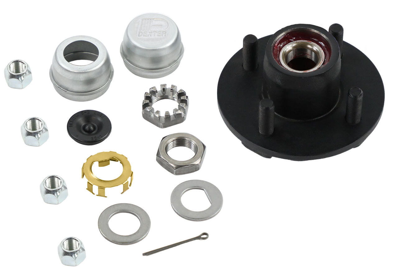 Dexter® Complete Idler Hub Assembly, BTR Spindle, E-Z Lube® or Grease Lube, 2K Capacity Per Pair, 4 on 4" Bolt Pattern, 1/2" Studs, , Pregreased