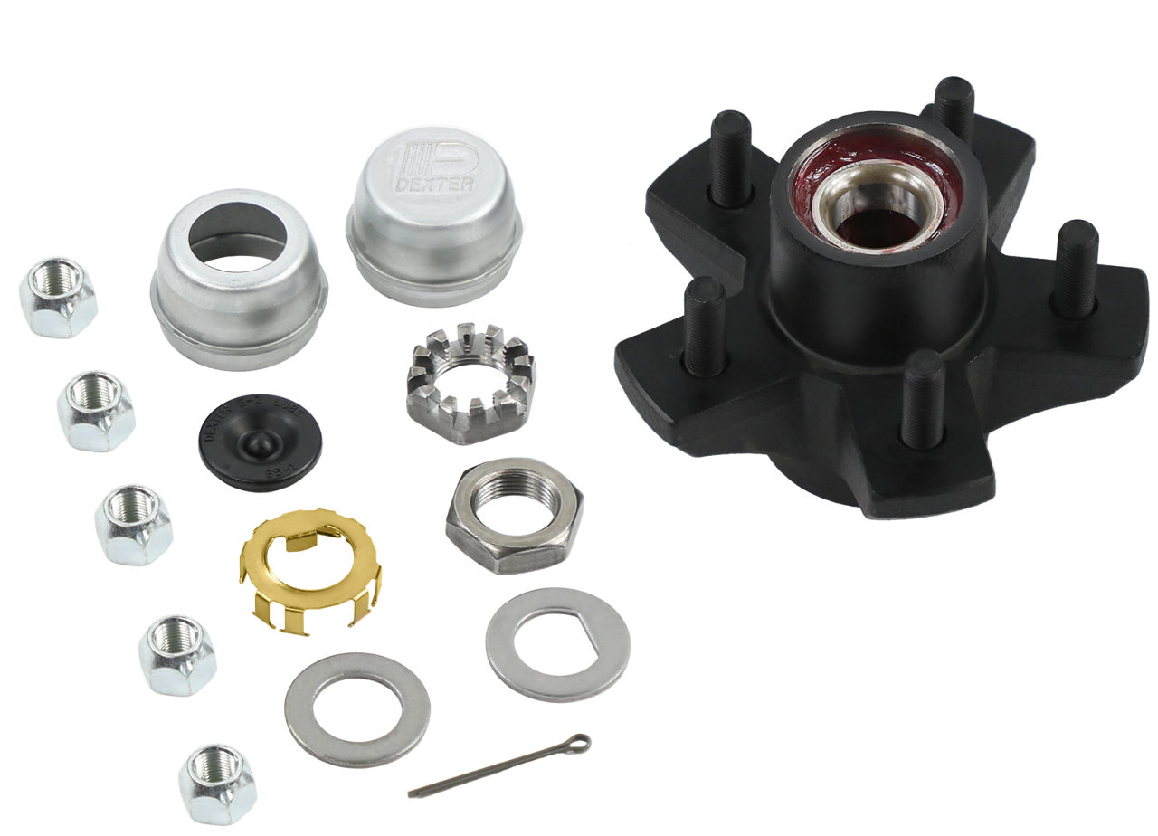 Dexter® Complete Pre-Greased Idler Hub Assembly, #84 Spindle, E-Z Lube® or Grease Lube, 3.5K Capacity Per Pair, 5 on 4.75" Bolt Pattern, 1/2" Studs, , Pregreased