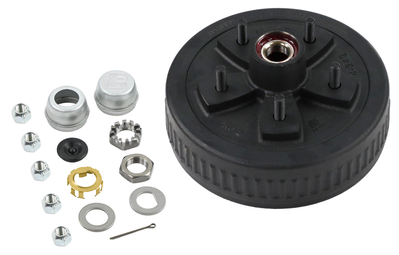 Dexter® Complete Hub-Drum Assembly, Retail Boxed,  #84 Spindle, E-Z Lube® or Grease Lube, 3.5K Capacity Per Pair, 5 on 5.5" Bolt Pattern, 1/2" Studs, , Pregreased