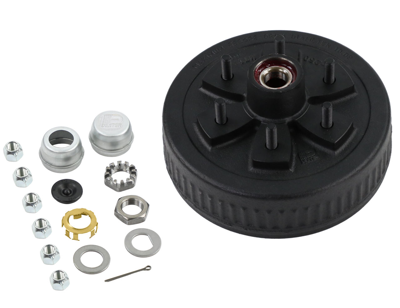 Dexter® Complete Pre-Greased Hub-Drum Assembly, Retail Boxed, #84 Spindle, E-Z Lube® or Grease Lube, 3.5K Capacity Per Pair, 6 on 5.5" Bolt Pattern, Pregreased